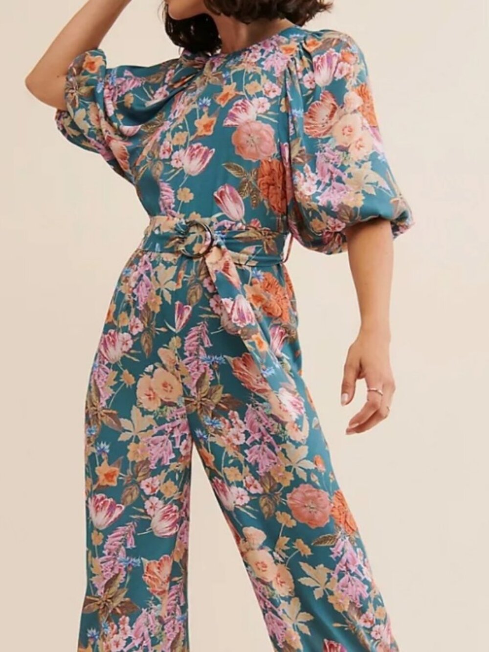 Anthropologie Kachel sz 12 Large Green Floral Balloon Sleeve Jumpsuit